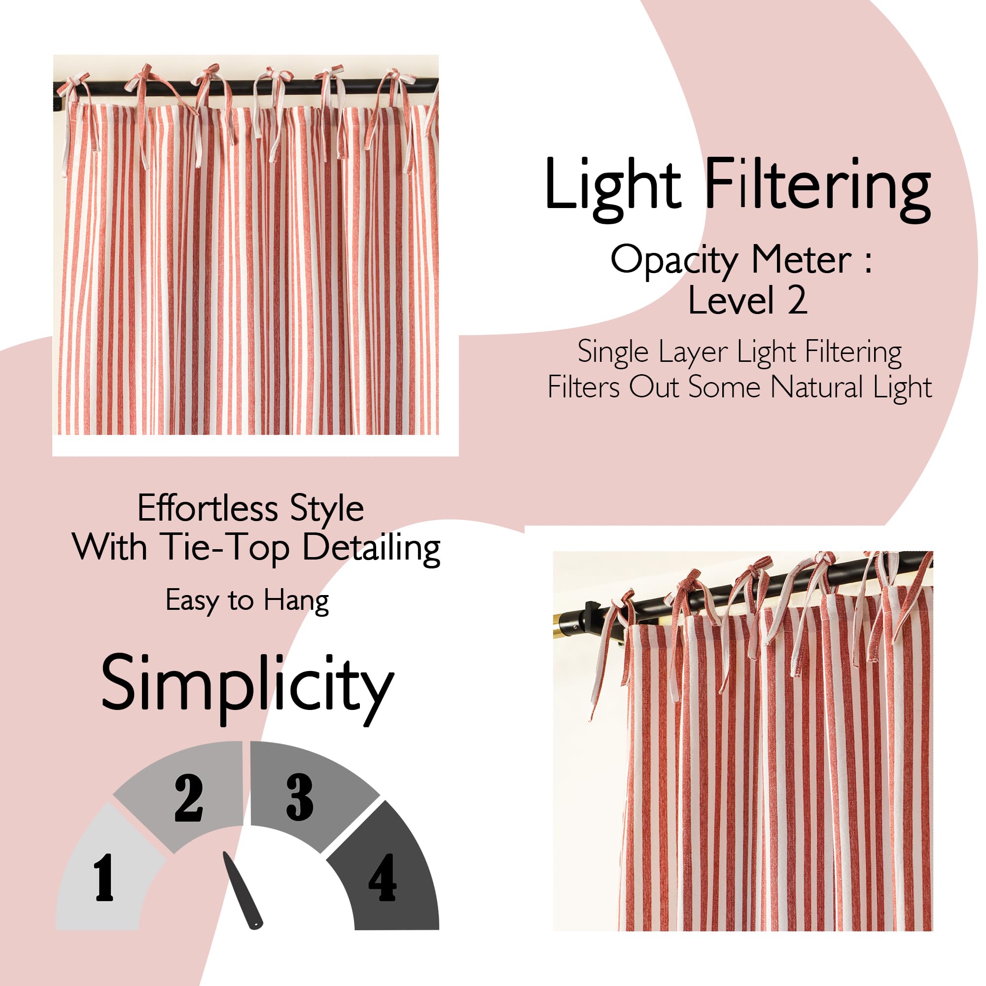 THE ART BOX Gauze Striped Curtains,Boho Linen Tie Top Hanging